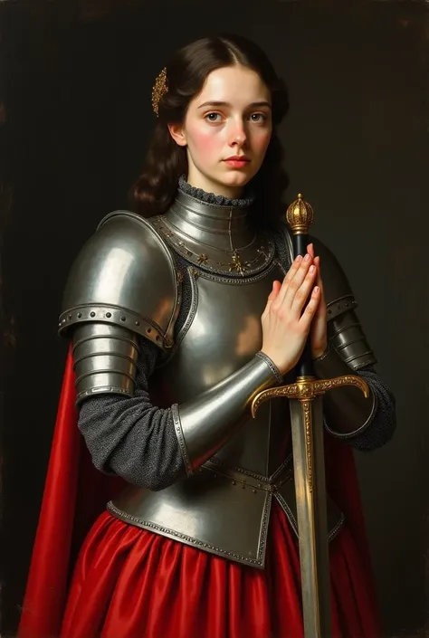 Joan of Arc, three quarters, Rembrandt triangle , silver armor with red skirt ,  double-edged sword with golden metal hilt,  dark background, French,  Renaissance style, Luini , Tiziano, neys ,Detail, rostro, Baroque painting, raza Caucasian, white, pink s...