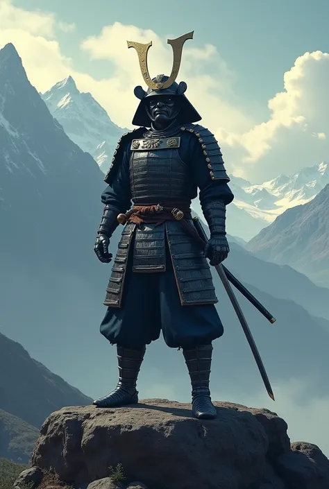 A samurai swordsman standing on a hilltop dwngan background of mountains and clouds