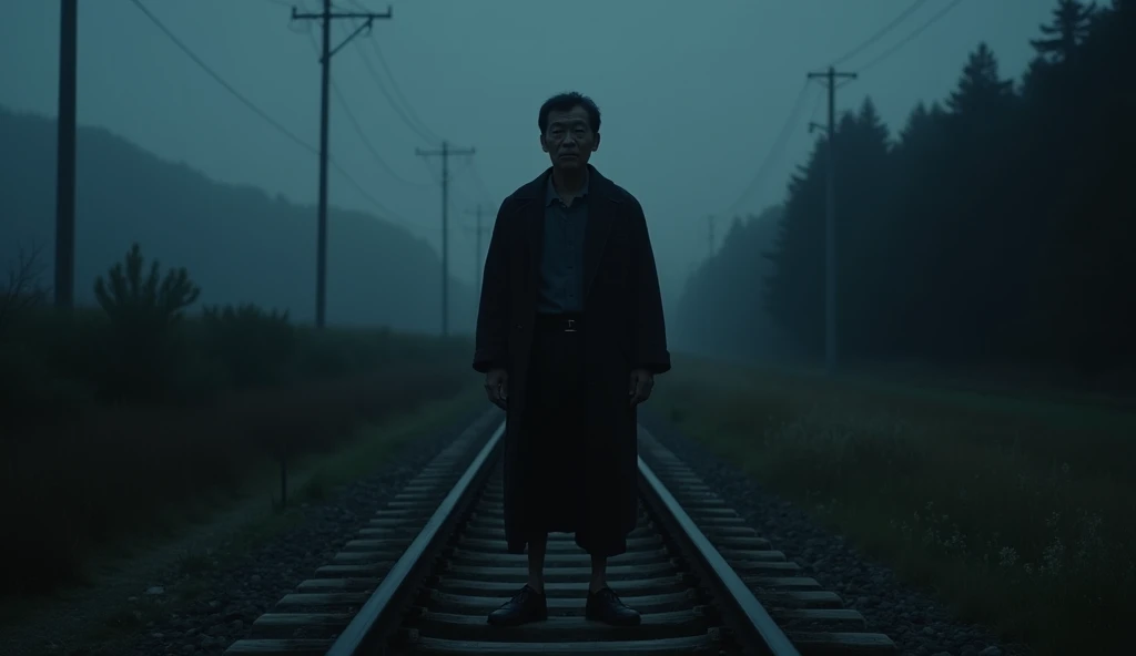 Live action, Japan, midnight, along a railroad track in the countryside, a Japanese man with only one leg is looking at me. Eerie atmosphere, dark throughout.