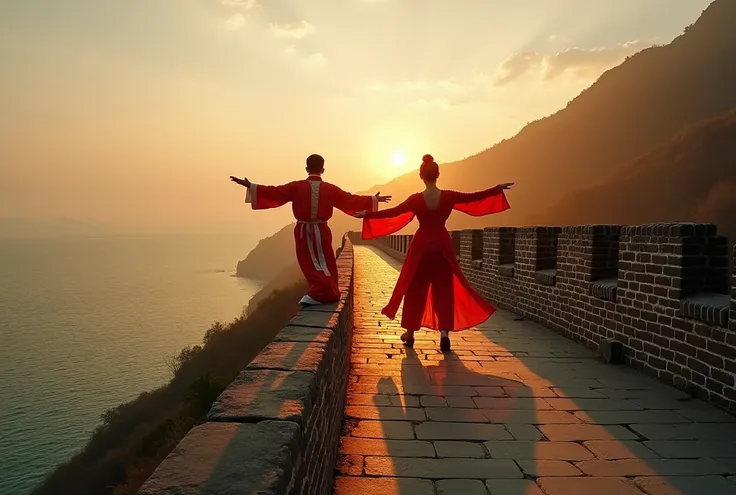 Wide angle, realistic details, long shot, bottom view, canted angle, 2 person, the tip of the Great Wall of China goes into the sea. 

A young man and woman in Chinese martial arts clothing were performing Chinese martial arts dances on the wall at the eas...