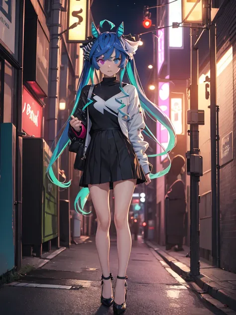 (​masterpiece、top-quality、hight resolution、Unity 8k、extremely details CG:1,Best Picture), (Horse ears, horse girl), 1girl, Twin_Turbo_Umamusume, aqua hair, twintails, heterochromia, purple eyes, blue eyes, sharp teeth, A young woman standing alone on a qui...