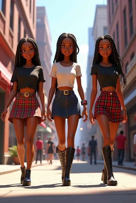 create an image of 3 Disney Pixar female characters dressed in tight fitting t-shirts, plaid mini-skirts and thigh-high boots. There are black females with brown eyes, light brown skin, high cheek bones, and wearing long braids. The character should be wal...