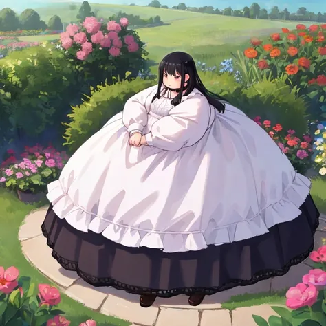 masterpiece,  best quality,Advanced Details,  long black hair ,  One Girl , obesity, Standing in the garden ,  The whole dress completely covers the body.、(pink and white long sleeve dress clothes with collar gothic)、 high neck shirt、 Long Skirts, full bod...