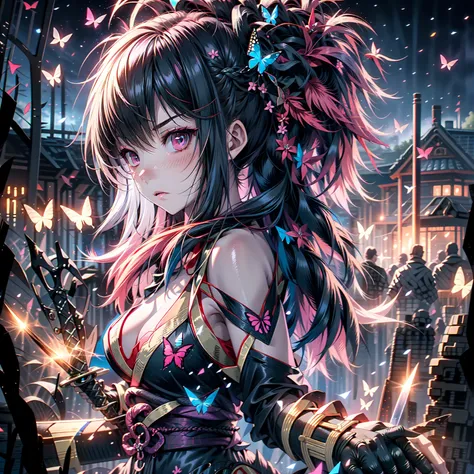  1 female ninja , Long hair,   butterfly embroidered  , Have a sword, Calm down , Long black dress in ninja style, Holding a dagger, Action Post ,  A large number of pink butterflies,  without background, nighttime , Dark tone