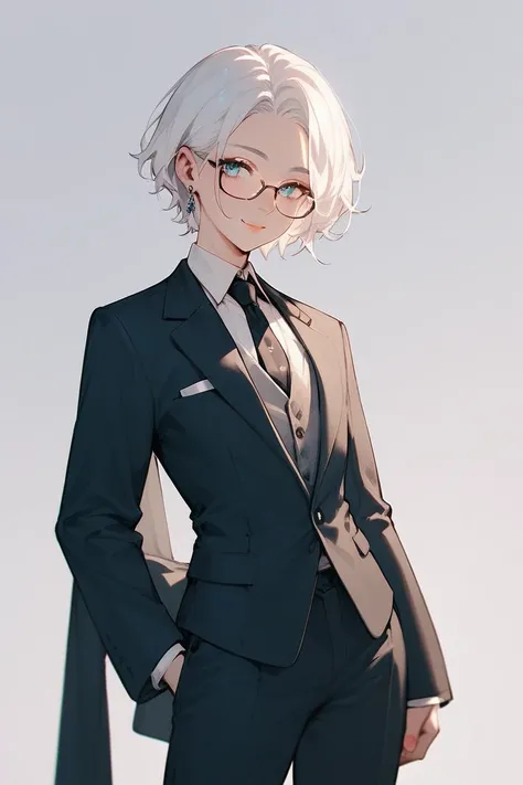 Femboy,Medium length white hair,suit Dark blue,Square glasses,looking at viewer,