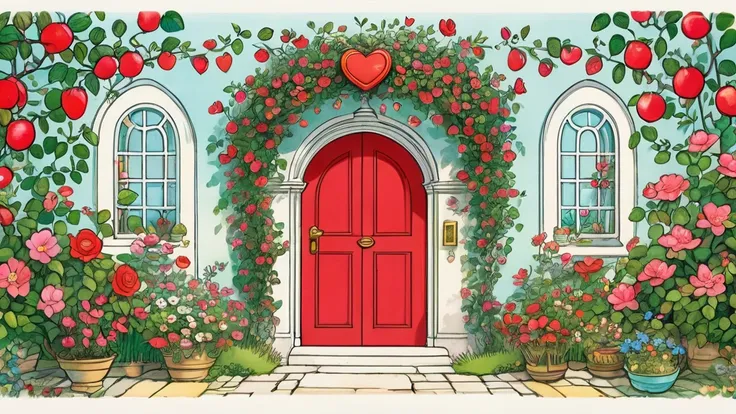 (( close-up in the center、red heart shaped door))、 There is a small wild rose arch in front of the door、 seems happy,Pop illustration ,Colorfully,((Draw with thick lines)),、Happy Dreams,色ful,( Randolph Caldecott style ).Keep it simple