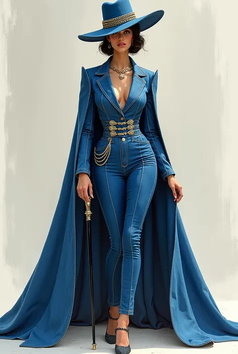  Color sketch of an elegant 2-piece denim suit with hat, cape and cane womens version that has shine and looks dazzling  