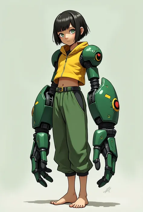  girl, of short stature, blind without pupils, short hair, with giant robotic gloves with sonar, green and yellow clothes, Long pants,  barefoot, 
