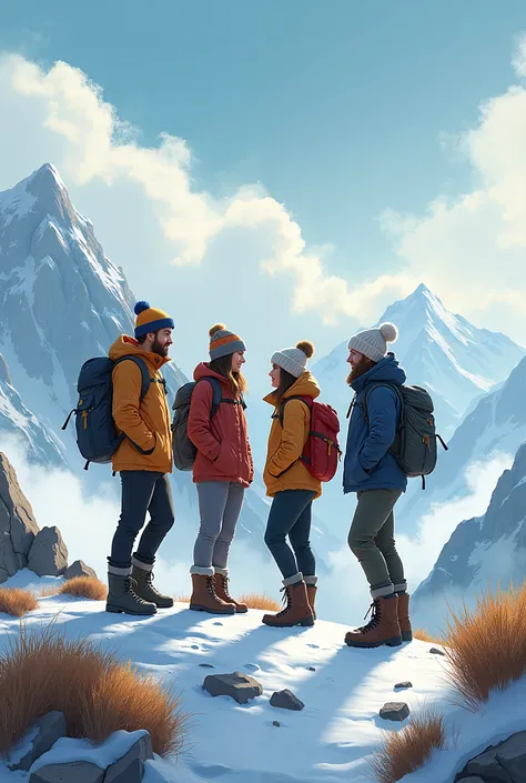 4 friends on cloudy mountain peak 