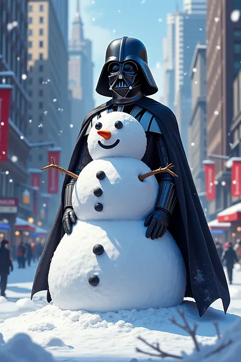 Illustration of a Darth Vader shaped snowman made of (snow:2), set against an urban landscape