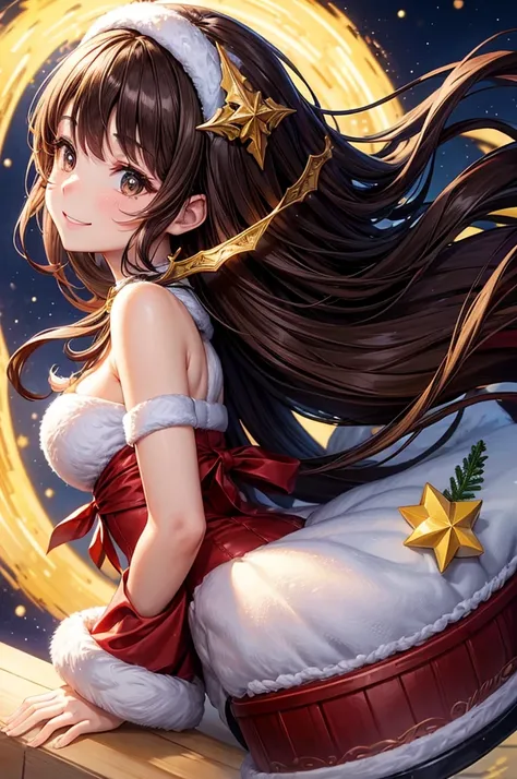 animesque、a beauty girl、Christmas、santa 、a cake、profile、Brown hair、Black eyes glow、a smile、