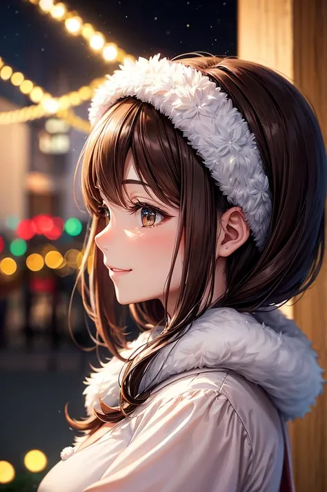 animesque、a beauty girl、Christmas、santa 、a cake、profile、Brown hair、Black eyes glow、a smile、