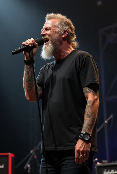 High definition imageJames Hetfield Metallica happy daytime image he wears a simple black t-shirt large and loose he wears black jeans light and shade in his clothes he is having fun singing with microphone in his hand he is in the studio rehearsal of a ro...