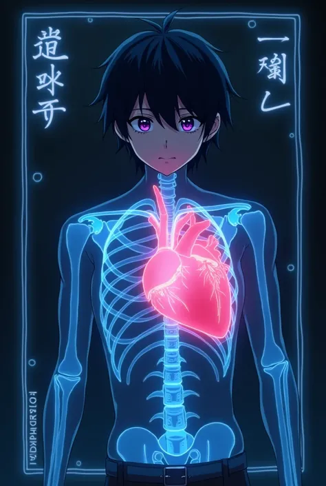 I want you to create an image in Japanese anime style. The image should depict a man with black hair and purple eyes, standing in front of an X-ray screen. The heart should be visible, glowing in blue and red. The title Shukuroi should be written in the im...