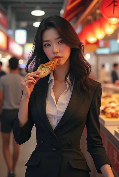 Hight quality, realistic, Very beautiful Korea girl, girl very thick hair, girl walking in food center, profesional office girl, girl eating food