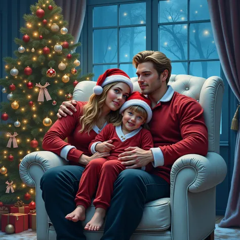 Drawing,  masterpiece. 

 Sitting in a LARGE WHITE LEATHER ARMCHAIR ,  SURROUNDED BY ATMOSPHERE IN A SINGLE CHRISTMAS TREE WITH A LARGE CHRISTMAS TREE. 


A family of three. a man, A WOMAN AND  .  THE FAMILY IS EMBRACED IN A TENDER WAY ,  ALL THREE DRESSED...