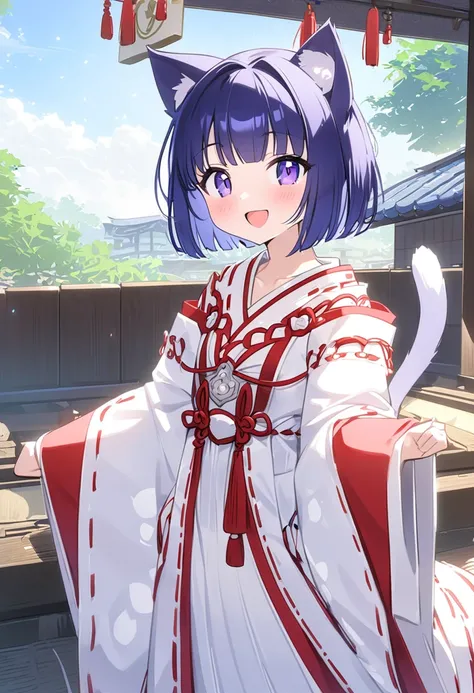  top quality 、 Toon Shader 、 one 、 slender body、Tiny breasts、   shiny dark blue hair、 short bob、Cat ears and tail、 purple eyes、 proud look with roof、white and red 、 short shrine maiden costume in white and red、Riverbank、smile、A little blush、 open her mouth...