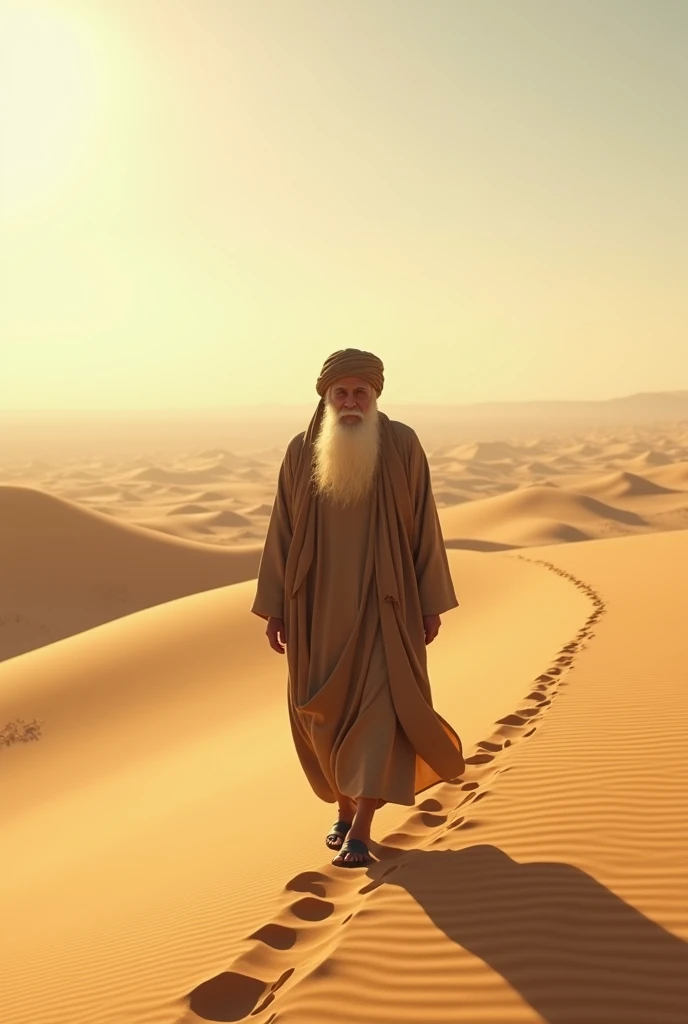 A Muslim old man with beard walking in desert 