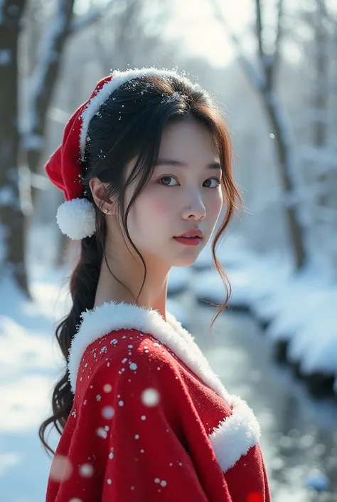 A serene winter scene featuring a Japanese woman with translucent beauty, dressed in a red and white Santa Claus outfit, standing gracefully in a quiet snowy landscape. Her clear eyes reflect the peaceful surroundings, with delicate snowflakes resting on h...