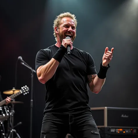 High definition imageJames Hetfield Metallica happy daytime image he wears a simple black t-shirt large and loose he wears black jeans light and shade in his clothes he is having fun singing with microphone in his hand he is in the studio rehearsal of a ro...