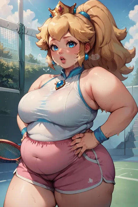 score_9_up, score_8_up, score_7_up, source_anime, (masterpiece, perfectly detailed, detailed face, detailed eyes, beautiful eyes), CuteMaster_PS, 1girl, princess peach, blonde hair, crown, blue eyes, ponytail, jewelry, tennis racket, sleeveless, earrings, ...