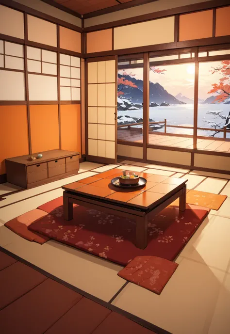 scenery, in the room, Kotatsu in center of room, warm color, cute, a front view, from eye view