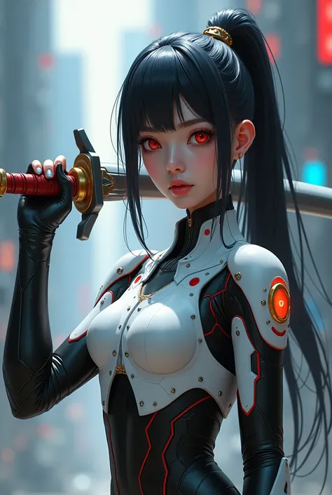 a close up of a woman in a futuristic suit holding a sword, cyberpunk art by Russell Dongjun Lu, trending on Artstation, fantasy art, cyborg girl, cyberpunk 2077 rossdraws, japanese cyborg, perfect anime cyborg woman, cyborg - girl, cyberpunk anime girl me...