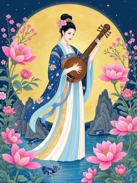 A beautiful illustration of the water goddess， a full-body portrait in a vector style with line art and flat design. The color scheme is inspired by blue and white porcelain， with a Chinese ink painting style and a cloud pattern background. The artwork fea...