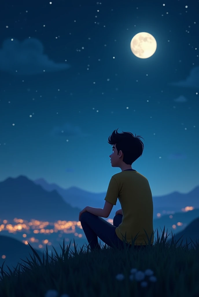 An inspiring night scene showing a young man sitting on a hill under the starry sky, looking at the moon with determination in his eyes. The background has distant mountains and a soft glow of city lights far below. The atmosphere is calm yet full of hope,...