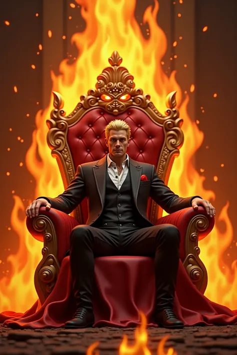 a man with golden combed back hair sitting on a throne of fire with a capacity with flames coming out of the eyes on the throne marked InfernoRendu 3D, Précis, Très détaillé, Haute qualité, 