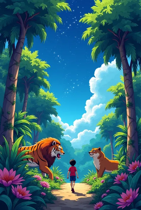 magine prompt: Viral anime nature wallpaper in 4K quality, in the style of illustration inspired by Akira Toriyama, featuring a fantastical jungle with oversized plants, vibrant flowers, and exotic animals; bright and playful color temperature, cosmos ligh...