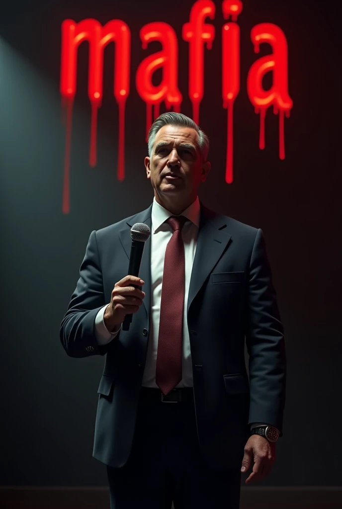 An avatar image with simple background, cinematic, a mafia guy talking to microphone, and "mafia" logo text with red blood looking font