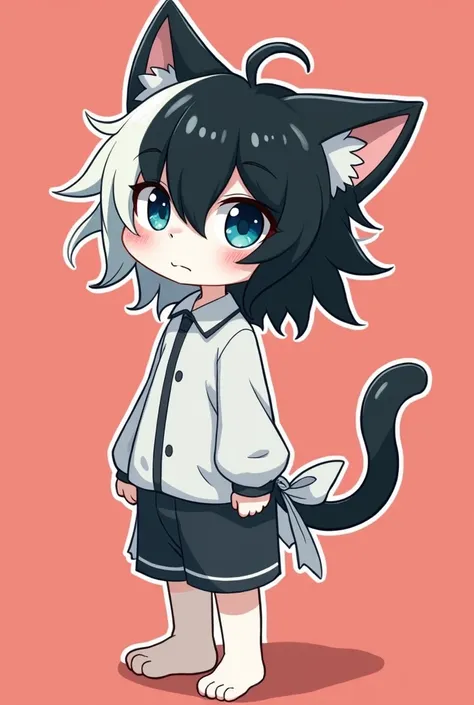 A drawing of a short teenage mature boy with black and white dyed very fluffy hair that poofs out, the boy has cat ears and a cat tail that is matching with the hair with a white bow tie on at the end of the cat tail, the boy also has a white pale skin ton...