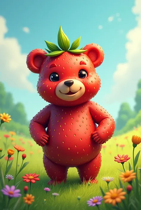 "A whimsical and creative depiction of a hybrid creature that combines features of a bear and a strawberry. The creature has the body and general shape of a bear, but its fur resembles the texture of a strawberry, complete with small seeds embedded in its ...