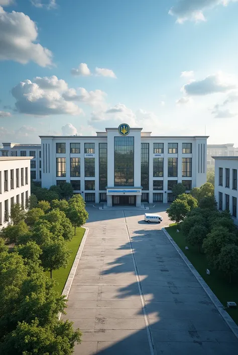  naval school ,  one-storey school buildings, modern architecture ,  ventilated facade , windows and stained glass windows , багато curtain wall,  sports complex , parking lots ,  central entrance alley,  dormitories single-storey ,   flag of Ukraine ,  ph...