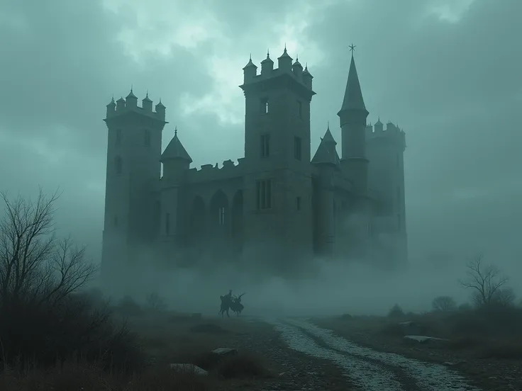 In the Middle Ages, the ruins of a decayed castle, dark sky covered with fog.