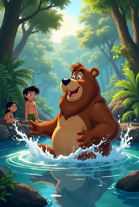 age Prompt:
A happy Baloo splashing in the water while Aaira and Mowgli laugh nearby.