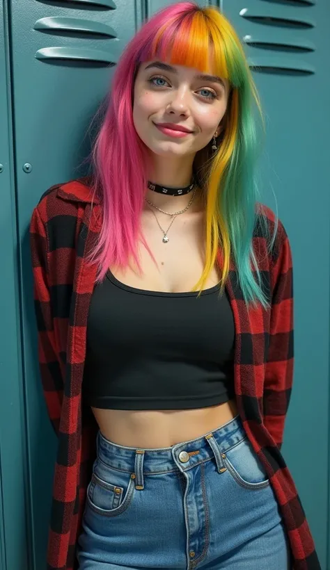 A stunning 18-year-old girl with vibrant rainbow-colored hair and blunt bangs leans confidently against a locker room wall. Her bright blue eyes and cute freckles complement her shy smile and pink lipstick. She wears an unbuttoned flannel shirt over a form...