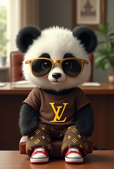  A furry cute black and white panda ，Wearing gold-rimmed sunglasses ， wearing a brown long-sleeved shirt with a yellow LV pattern， wearing brown wide-leg pants with a yellow LV pattern print ，Wear red and white Air Jordan shoes ， sitting on a leather seat ...