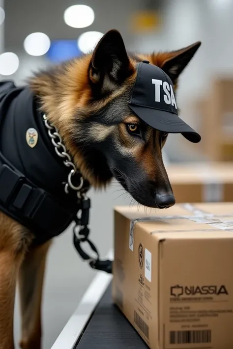 Feral wolf, wearing a black TSA dog shirt, black TSA dog vest with TSA badge, silver chain collar, black TSA trucker cap, sniffling with its nose on boxes on the conveyor belt in the airport cargo room, small amount of saliva on the side of the mouth