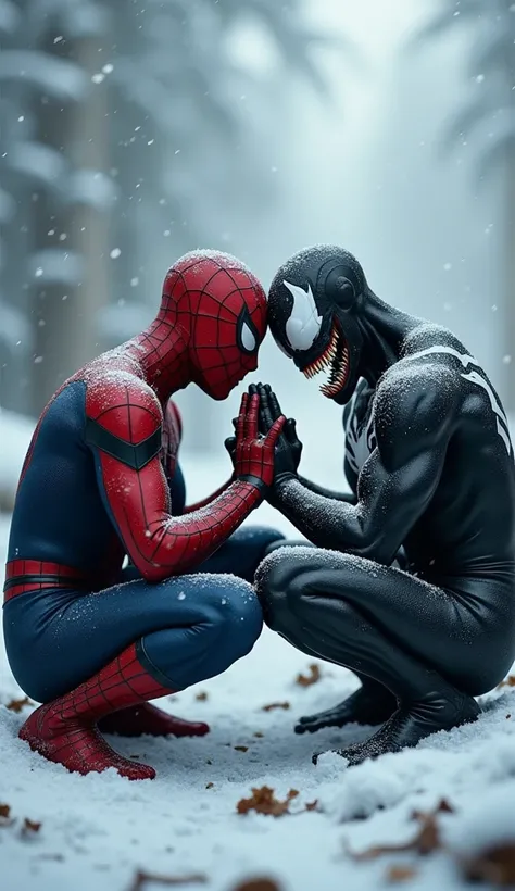 A highly realistic image of spiderman and venom sitting sad with combining hands of praying posture in front forward direction through a snowy landscape