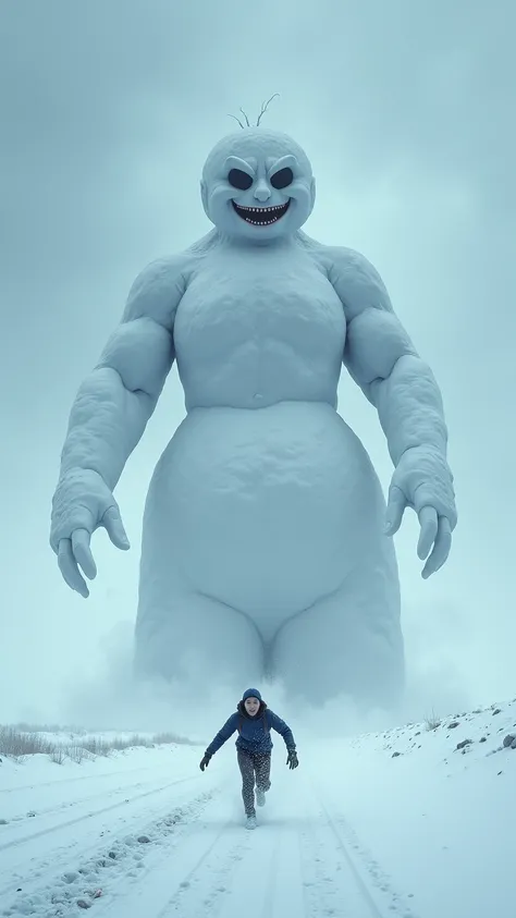 A human escapes from a huge snowman