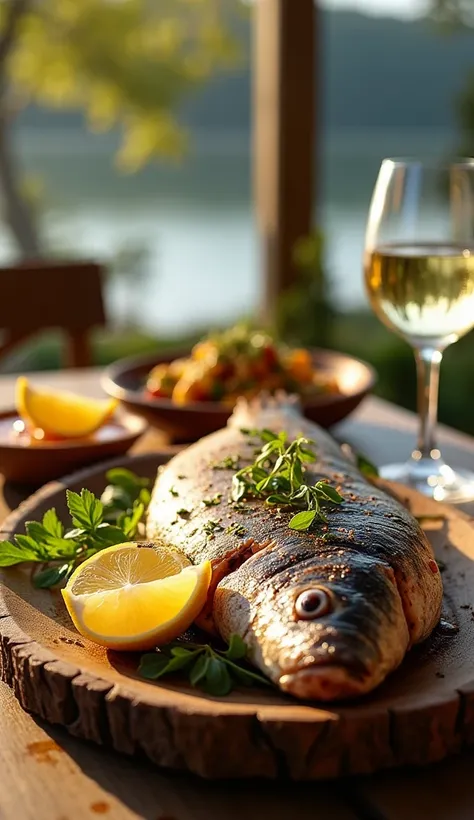 May: Grilled Fish with Lemon
Description: A freshly grilled fish served on a rustic wooden platter, garnished with lemon slices, fresh herbs, and a side of roasted vegetables. The background is an outdoor patio overlooking a calm lake during golden hour. T...