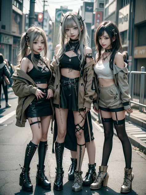 (Three Girls, 3 girls:1.5)、(Smiling with teeth showing:1.3),(Shibuya Gal:1.5)、(Beautiful gravure model:1.5)、(Neo-goth fashion:1.5)、(Punk RockVisual Kei:1.5)、(An off-the-shoulder hoodie in olive and beige colors, adorned with delicate silver accessories.:1....