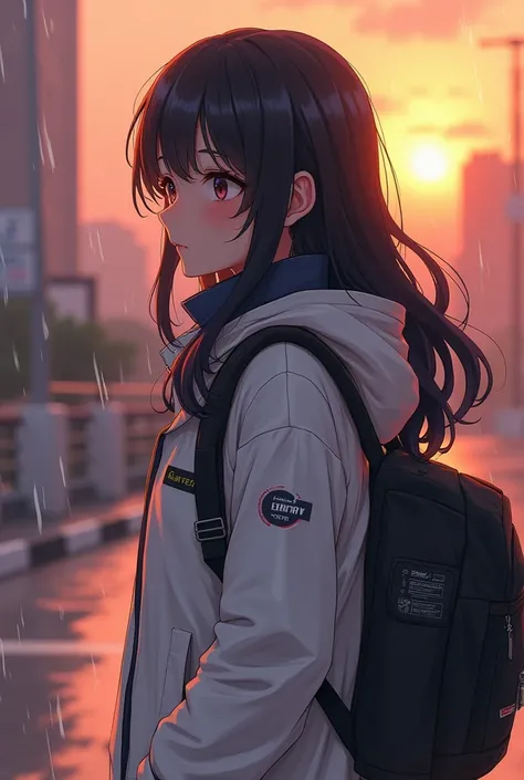  Stylish and cute looking woman with long black wavy hair,And a white jacket, Exhaust muffler,  standing on the side of the road , rain,  seeing the sun shining brightly  ,  smileWarm and calm atmosphere , Future anime style ,  Movie Elements,  very high p...