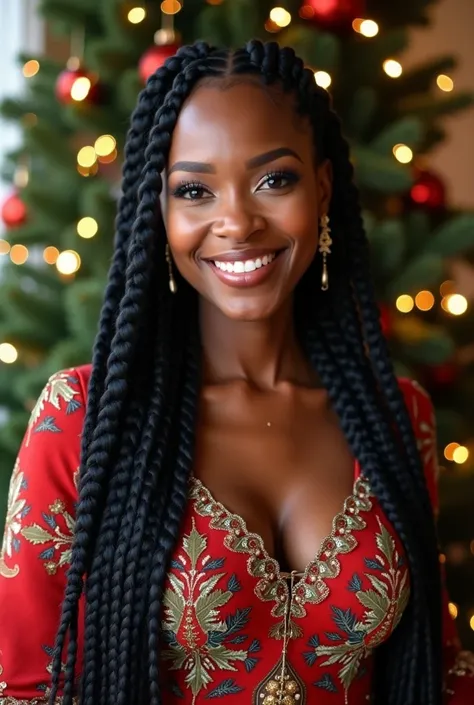 a brown woman, braided long black hair, a Christmas-themed outfit, posing gracefully, cheerful and festive], [Fashion photography, lifestyle, background christmas tree