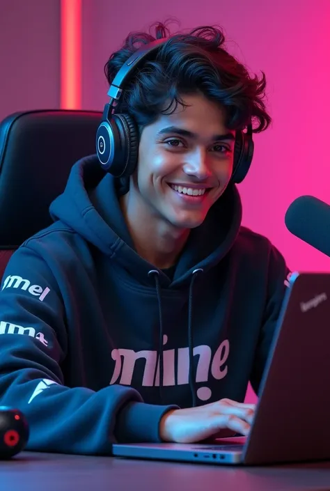 A vibrant and engaging realistic 18years old india boy with a smart appearance, sitting behind a modern computer desk. He is wearing a black and white hoodie with the Channel Name Mine written on it. In front of him on the desk is a laptop, along with a mi...