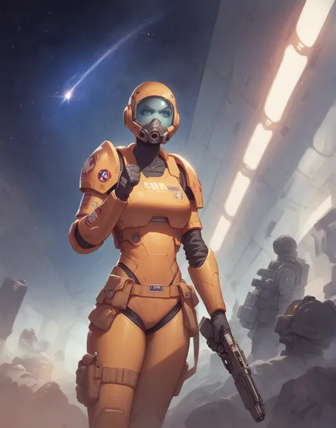 space girl, wearing space armor, holding giant gun with both hands, futuristic background, space soldier, woman, firing gun, spaceship background, 
