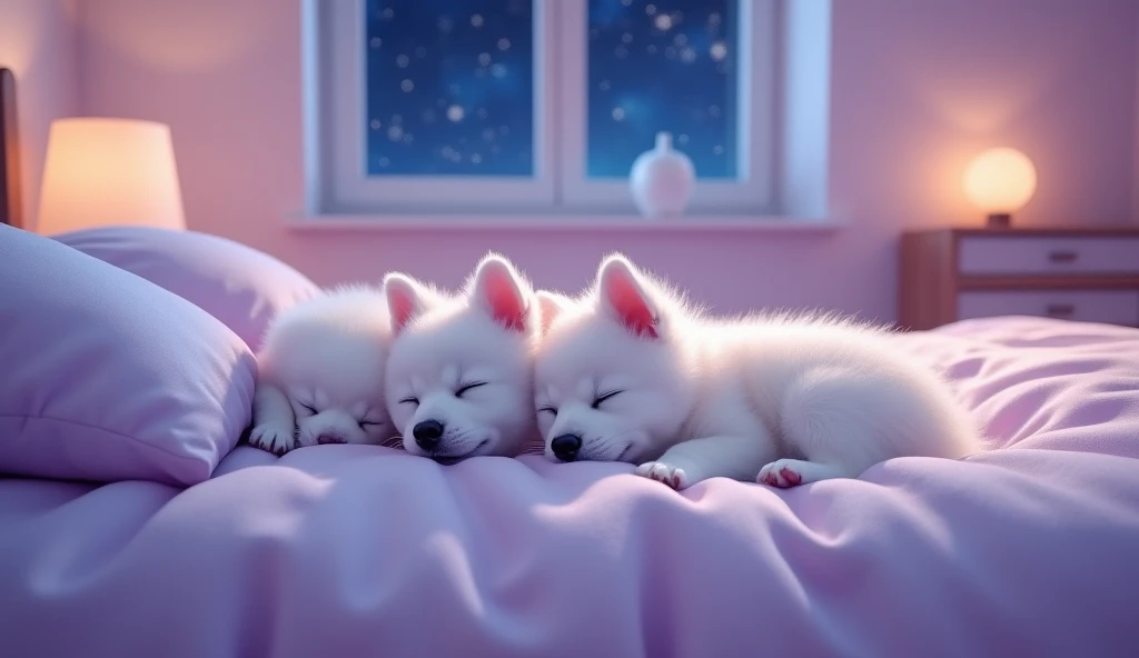  Light Purple Dreamy Room Layout, Three Dreaming Little White Dogs ，sleep，Mao is very smooth ，Lie down together on a comfortable bed 。 outside the window is a night starry sky ，Camera Vision ,Realism， super clear and high definition ，