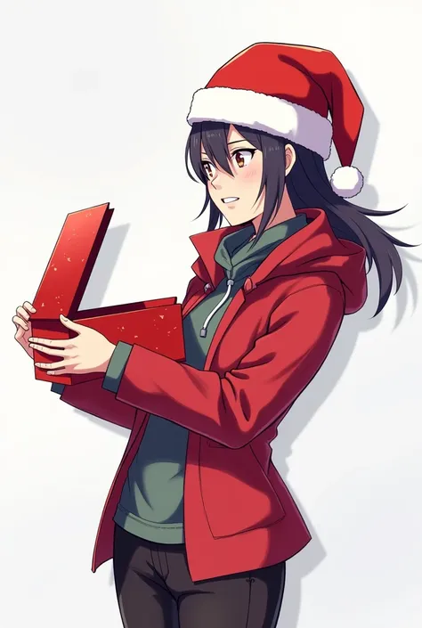 Generate a Valorant agent Named Kill Joy holding a red coloured Opend Gift box and wearing Santa hat facing right side ... full character image 